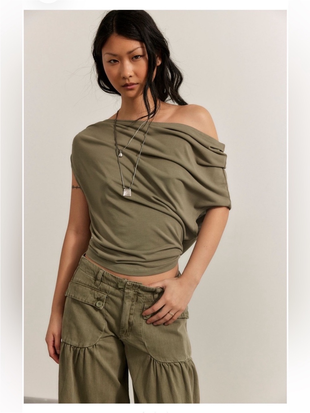 NWT Free People Blake Off-The-Shoulder Draped Top LIME -S